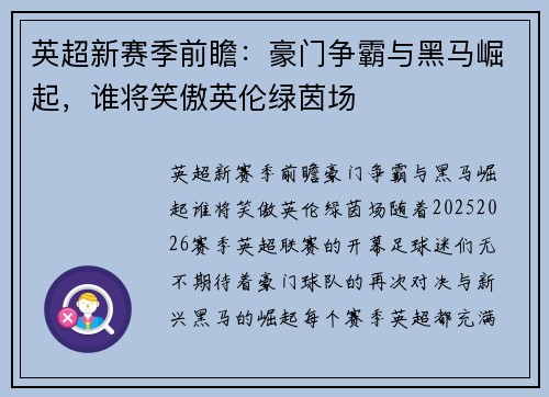 英超新赛季前瞻：豪门争霸与黑马崛起，谁将笑傲英伦绿茵场